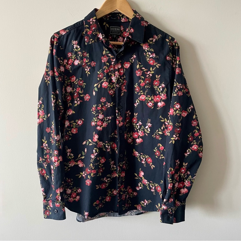 GUESS Men's Floral Black Long Sleeve Shirt